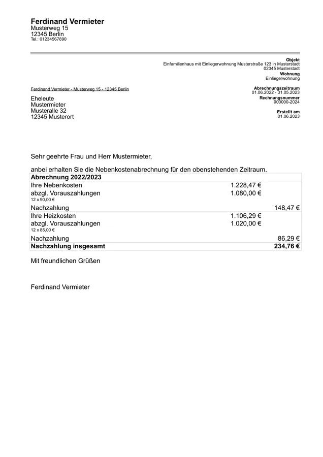 Vorschau einer Muster-Nebenkostenabrechnung